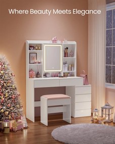 KAILYN Fésülködő asztal, LED világítású sminkasztal tükörrel és fiókokkal, felhőfehér