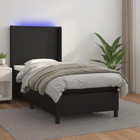 fekete műbőr rugós ágy matraccal és LED-del 90x200 cm