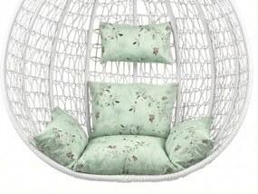 Fehér függő szék KOKON állvánnyal, világoszöld mintás párnával