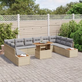 11 részes Kerti Étkező Szett Párnákkal Bézs Poly Rattan Akác