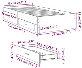 füstös tölgy színű szerelt fa ágykeret fiókokkal 75x190 cm