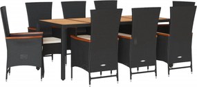 vidaXL 9 részes fekete polyrattan kerti étkezőgarnitúra párnákkal