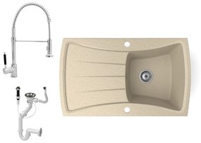 Gránit mosogatótálca NERO Venezia + kihúzható zuhanyfejes Spiral-1 csaptelep + dugókiemelő (bézs)