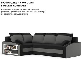 Grande sarokkanapé polcokkal , polc a bal karfaban, baloldali, szövet anyag, hab töltet, fekete - szürke