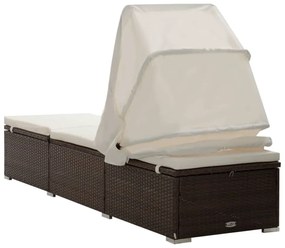 barna polyrattan napozóágy napellenzővel és párnával