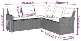 fekete polyrattan L-alakú kanapé párnákkal