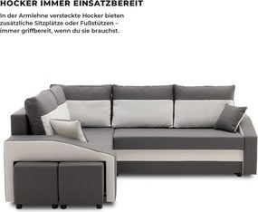 Grande sarokkanapé polcokkal és puffokkal , polc a jobb karfaban puffok a bal karfaban, baloldali, szövet anyag, bonell töltet, szürke - fehér