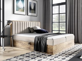 Boxspring ágy, 160x200, bézs Paros szövet/lancelot tölgy, WOOD 4