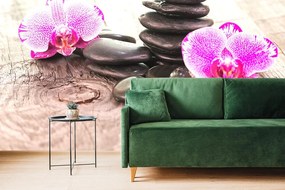 Öntapadó tapéta orchidea és Zen kövek fa háttéren