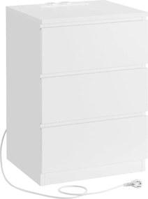 Éjjeliszekrény, oldalasztal 3 fiókkal, 2 AC aljzattal és 2 USB porttal, fehér