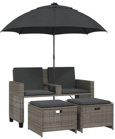 2 személyes szürke polyrattan kerti kanapé napernyővel/székkel