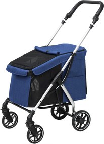 PawHut Könnyű Alumínium Összecsukható Kutya Buggy Kutyák és Macskák Számára - Sötétkék Macska Buggy Párnával, Hálóablakokkal, Ajtókkal, Tárolókosárral