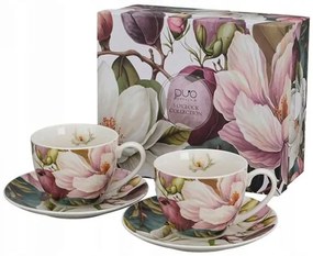Magnólia virágos porcelán csésze aljjal - 270 ml - 2 személyes készlet díszdobozban