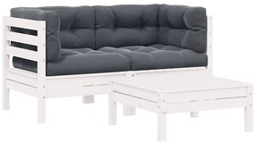 vidaXL 3 részes fehér tömör fenyőfa kerti ülőgarnitúra párnákkal
