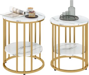 HOMCOM Kerek Kávézó Asztal 2-Darabos Készlet Oldal Asztal Polccal, Acél Váz, Márvány Hatású Kávézó Asztal Nappaliba és Hálószobába Fehér | Aosom