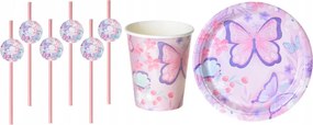 Szülinapi bögre szett tányér 18cm szívószál pillangók Pillangó Gyermek 18el.