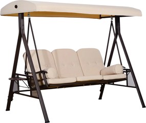 Outsunny 3-személyes Kerti Hinta Állítható Napernyővel, Oldalsó Tálcákkal, 2 Párnás és Fém Váz 360 kg 208x121x172 cm Beige | Aosom