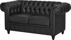 HOMCOM 2-Személyes Chesterfield Stílusú Műbőr Kanapé, Kváltott Kettős Ülés Karfákkal és Vastag Párnázattal, Gumi Fa Lábbal a Nappaliba és Irodába, Fek