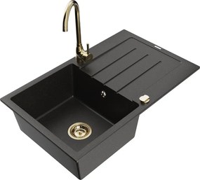 Mexen Bruno 1 rekeszes gránit mosogató csepegtetővel és Telma konyhai csapteleppel, fekete/arany - 6513-75-670200-50