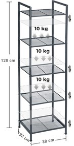 fürdőszobai polc, 5 szintes tároló állvány, fekete