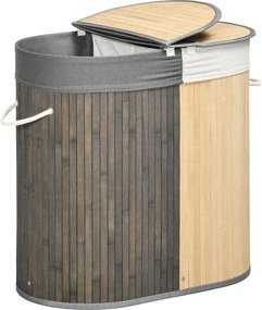 HOMCOM Bambusz Mosodakosár 100L Kapacitással, Fedéllel és Levehető Kétrekeszes Táskával 62.5x37x60.5 cm Szürke és Természetes | Aosom