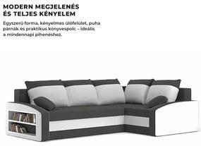 Grande sarokkanapé polcokkal , polc a bal karfaban, jobboldali, szövet anyag, bonell töltet, szürke - fehér