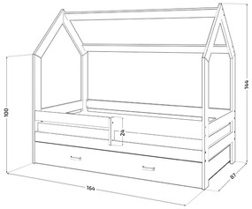 HÁZIKÓ D3 fenyőfa gyerekágy 80x160 cm Ágyrács: Ágyrács nélkül, Matrac: EASYSOFT 10 cm matrac, Ágy alatti tárolódoboz: Tárolódoboz nélkül