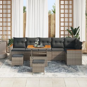 9 Darabos Kert Sofa Szett Párnákkal Szürke Poli Rattan Akác