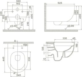 CeraStyle BELLA fali WC - perem nélküli - rimless - VORTEX örvényöblítéssel - 53 cm