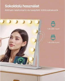 LED sminktükör világítással, 58 × 43 cm, 15 LED-del, 10× nagyítással, fehér