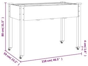 barna tömör fenyőfa kerekes ültetőláda béléssel 118x59x80 cm