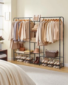 Ruhatartó állvány rúddal és polcokkal, fém kabáttartó, matt fekete