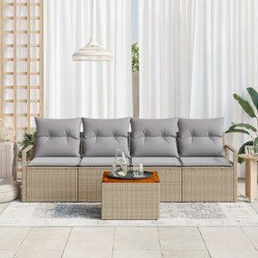 5 részes Kert Kanapé Szett Párnákkal Bézs Poli Rattan Akáccal