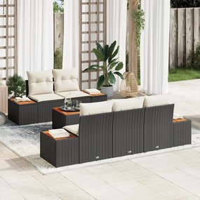 6 Részes Kert Sofasztal Szett Párnákkal Fekete Poli Rattan Akácerdő
