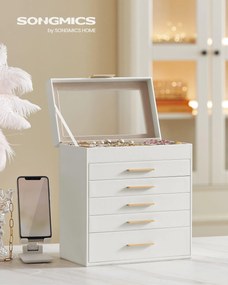 Ékszerdoboz üvegfedéllel, 6 szintes ékszertároló 5 fiókkal, 16,3 x 25,1 x 29 cm, felhőfehér