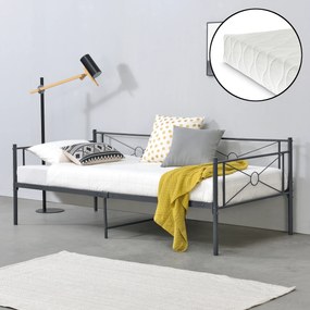 [en.casa] Fémkeretes ágy Alvesta 90x200 cm egyszemélyes dizájn ágykeret hideghabos matraccal ágyráccsal acélváz sötétszürke, matt