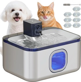 PawHut 5L Rozsdamentes Acél Vezeték Nélküli Macska Ivókút Automatikus Vízadagoló Több Háziállat Részére LED Fénnyel, Szuper Csendes Szivattyúval, Mozg