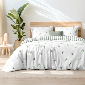 Goldea pamut ágyneműhuzat - oliva levelek, zsálya színű csíkos hátoldal 240 x 220 és 2db 70 x 90 cm