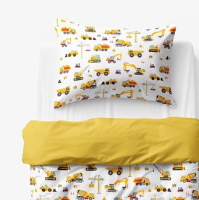 Goldea gyermek pamut ágyneműhuzat duo - teherautók és kotrógépek, mézsárga hátoldal 140 x 200 és 70 x 90 cm