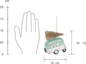 HANG ON üveg karácsonyfadísz, mentazöld lakókocsi fenyőfával 11cm