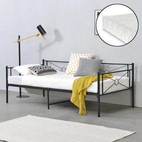 [en.casa] Fémkeretes ágy Alvesta 90x200 cm egyszemélyes dizájn ágykeret hideghabos matraccal ágyráccsal acélváz fekete, mat
