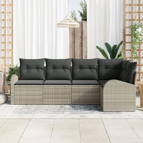 5 darabos kertkanapé szett párnákkal világosszürke poli rattan, 2 személyes kertkanapé tárolóval és párnákkal világosszürke poli rattan