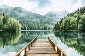 Fotótapéta Flizelina Tájkép Hegyek Erdő Tó Móló Híd 152,5x104 ragasztó