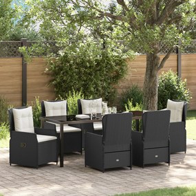 7 Részes Kerti Étkezősor Fekete Poli Rattan, Kerti Asztal Fekete 200x80x73 cm Edzett Üvegből