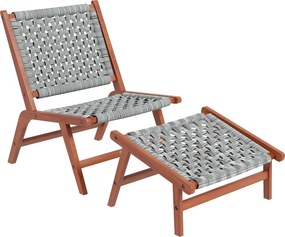 Outsunny Kerti Szék Kitámasztóval - Relaxáló Szék Akácfából és Szőtt Gyantából - Természetes, Szürke | Aosom