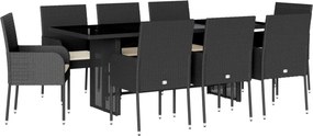 vidaXL 9 részes fekete polyrattan kerti étkezőgarnitúra párnákkal