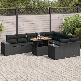 10 részes fekete polyrattan akácfa kerti ülőgarnitúra párnákkal