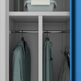 Pléh öltözőszekrény talpazaton, kétmodulos, polccal és köztes fallal KACPER, 800 x 1800 x 500 mm, szürke-kék