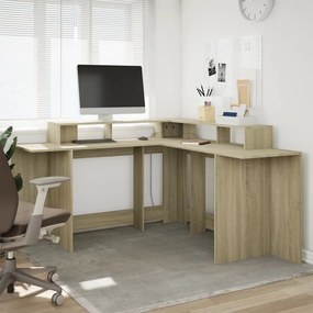 sonoma tölgy színű szerelt fa íróasztal LED-ekkel 152x152x91 cm