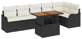 7 darabos Kerti Kanapésor párnákkal Fekete Poli Rattan Akác, 2 személyes Kerti Kanapé párnákkal Fekete Poli Rattan